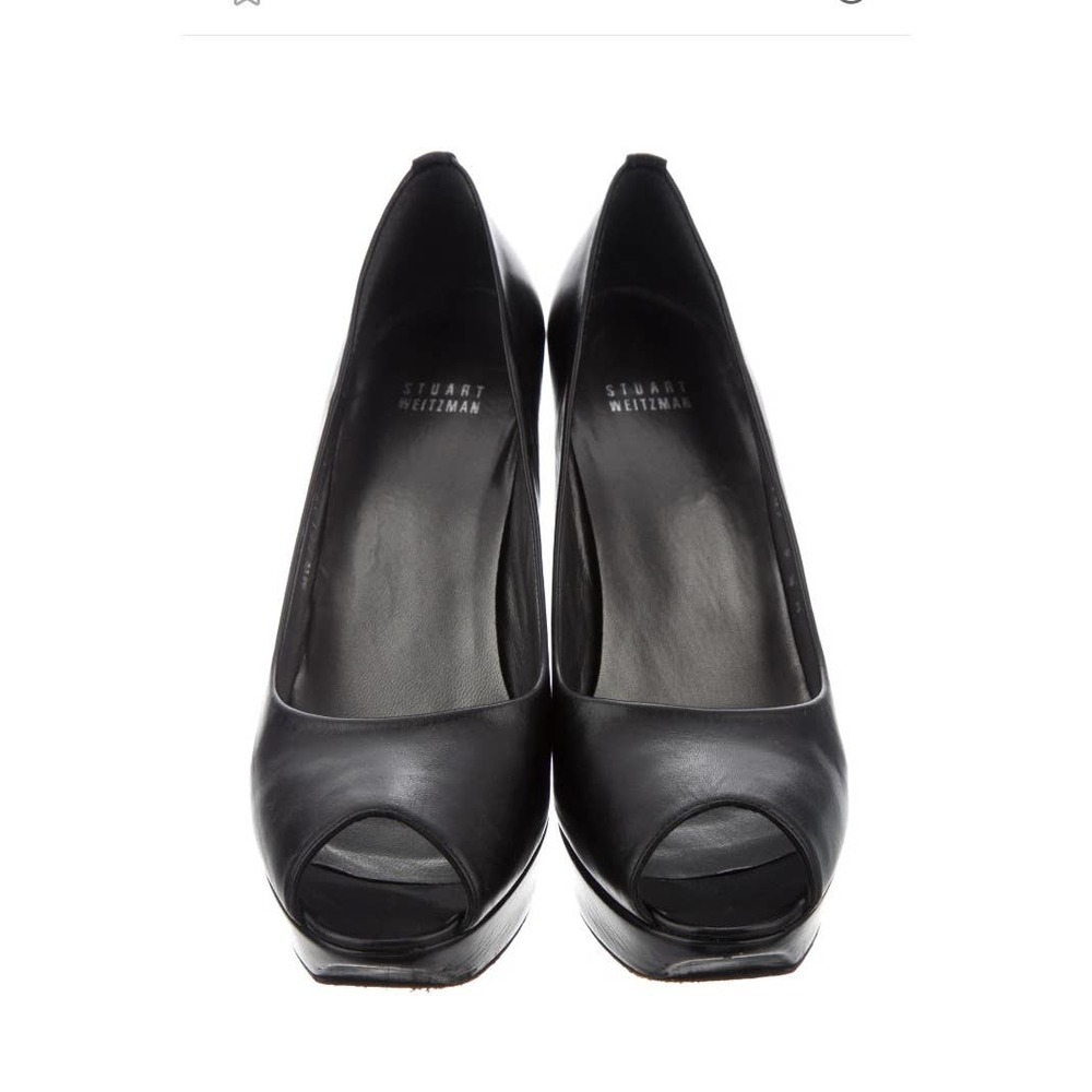 SOLD Stuart Weitzman STAGE Kid Leather Black Peep Toe Pumps 9.5 - Picture 3 of 6